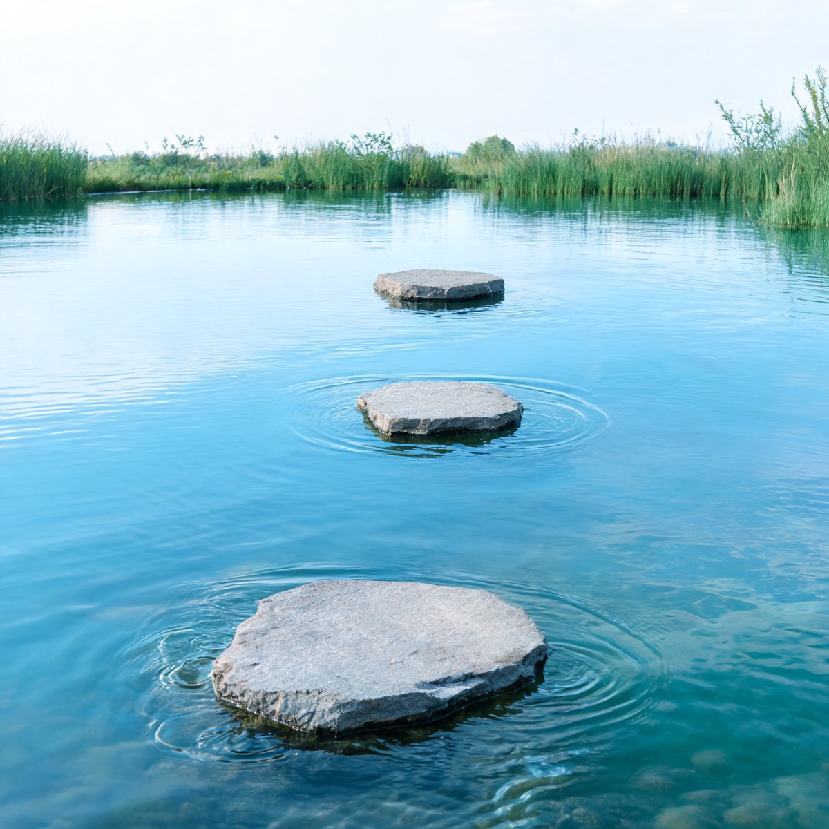 Three stepping stones leading across still water
